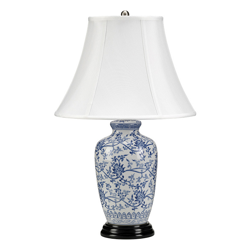 Настольная лампа с фарфоровым основанием с декоративным орнаментом и белым абажуром на темной круглой подставке Elstead Lighting Белый Синий Никель Черный Золотой Серебряный в Краснодаре | Loft Concept 
