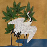 Обои ручная роспись Tsuro Cranes Original colourway on Gold Bullion gilded silk варинант исполнения - 1 | Loft Concept в Краснодаре