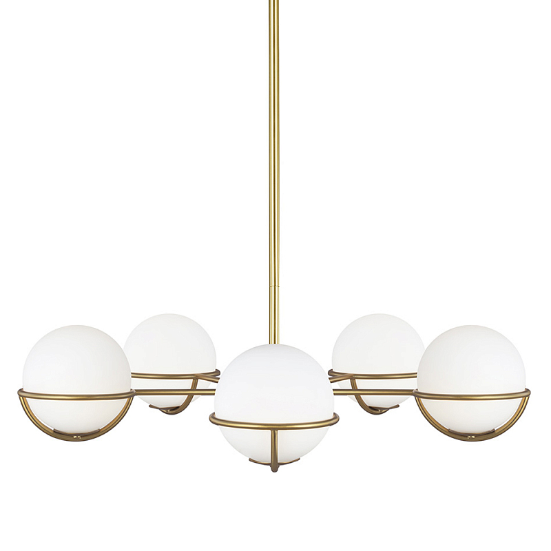 Люстра с 5-ю белыми шарообразными плафонами в сферические каркасах Feiss Латунь Белый в Краснодаре | Loft Concept 