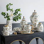 Ваза белая с крышкой с рисунком зеленых и золотых листьев 48 см Chinoiserie Ceramics варинант исполнения - 5 | Loft Concept в Краснодаре