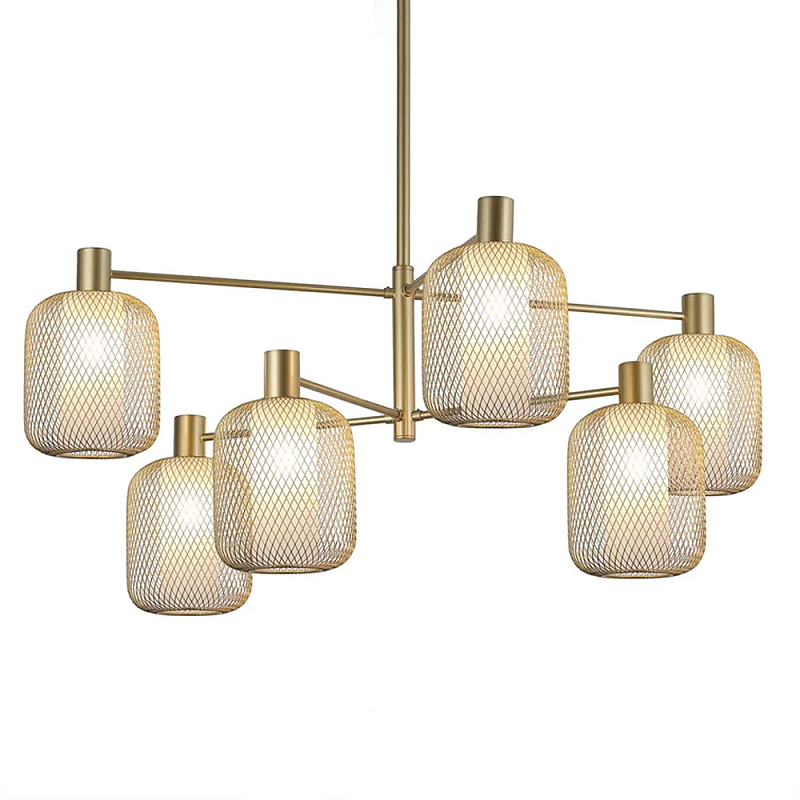 Люстра потолочная с абажурами из металлической сетки Loft Grid Pendant Gold Черный Золотой в Краснодаре | Loft Concept 