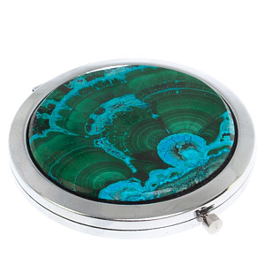 Зеркало карманное складное круглое из натурального камня Малахит с Хризоколлой в подарочной упаковке Silver Stone Mirrors