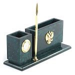 Настольный письменный набор с гербом России и часами из природного камня змеевик Successful Leader варинант исполнения - 2 | Loft Concept в Краснодаре