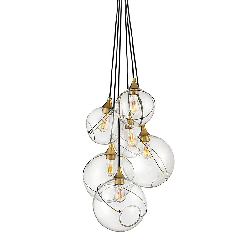Подвесной светильник с шестью прозрачными стеклянными шарообразными плафонами Hinkley Латунь Прозрачное Стекло в Краснодаре | Loft Concept 