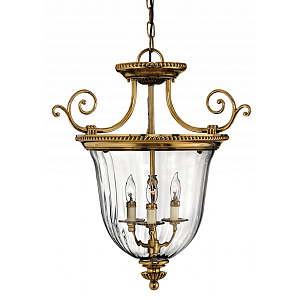 Люстра подвесная цвета латунь с прозрачным стеклянным плафоном и тремя лампами в классическом стиле на цепи Hinkley