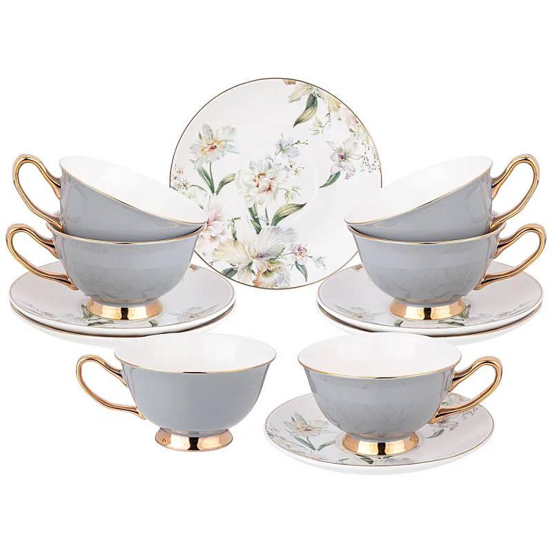 Чайный набор из фарфора на 6 персон Grey Tea Porcelain Set Белый Золотой Серый в Краснодаре | Loft Concept 