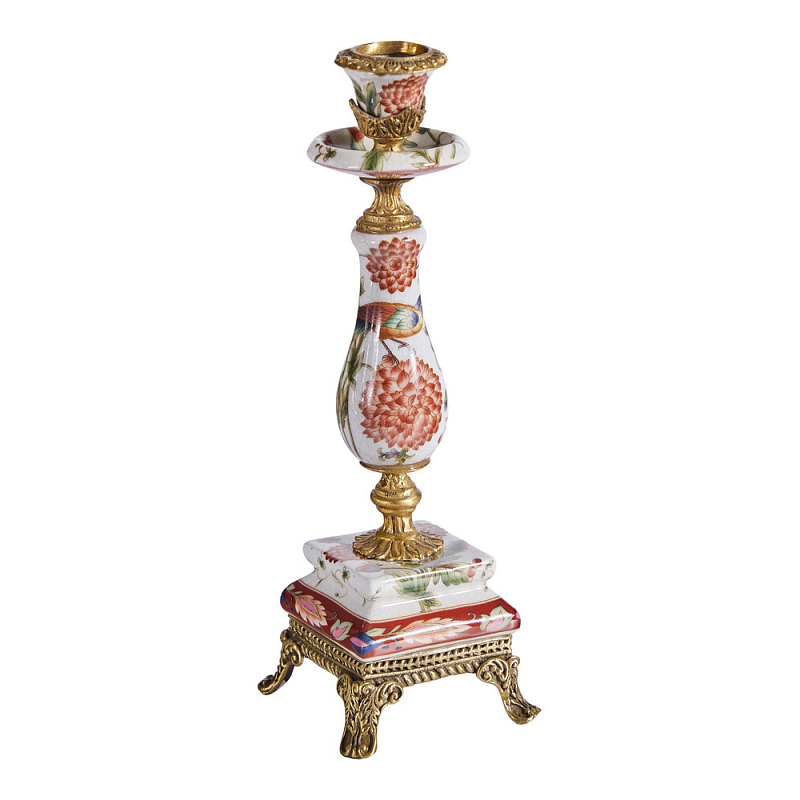 Подсвечник с цветочной росписью из фарфора с бронзовыми элементами Eden Garden Мульти Бронза в Краснодаре | Loft Concept 