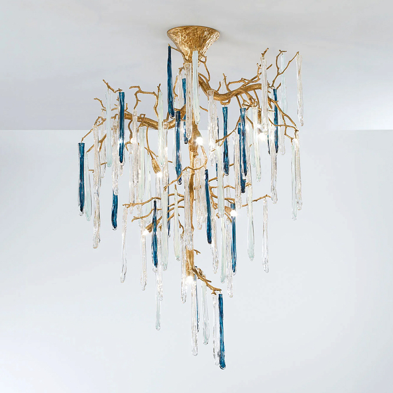 Люстра с прозрачными и голубыми подвесками в форме капель Droplet Chandelier Золотой Прозрачный Синий Люстра с прозрачными и голубыми подвесками в форме капель Droplet Chandelier Золотой Прозрачный Синий в Краснодаре | Loft Concept
