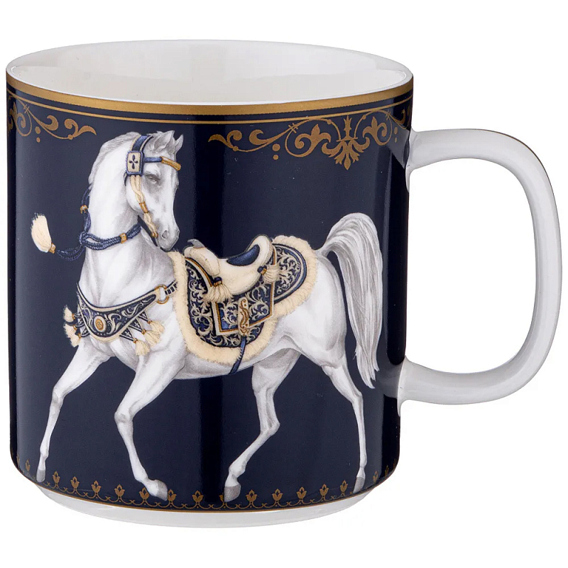 Кружка из фарфора синяя с изображением лошадей 400 мл Porcelain Horse Set Белый Синий Золотой в Краснодаре | Loft Concept 