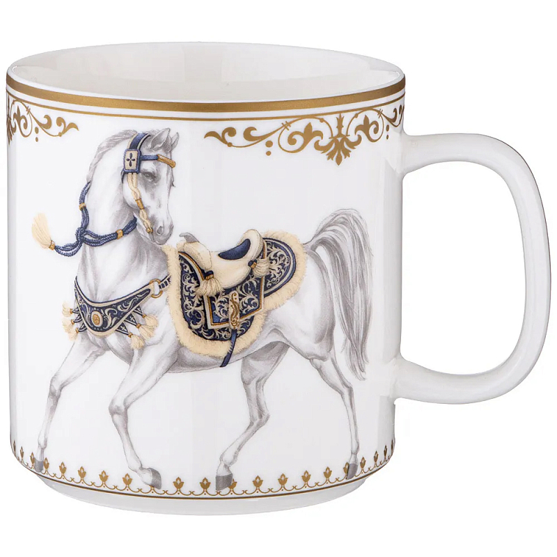 Кружка из фарфора белая с изображением лошади 400 мл Porcelain Horse Set Белый Синий Золотой в Краснодаре | Loft Concept 