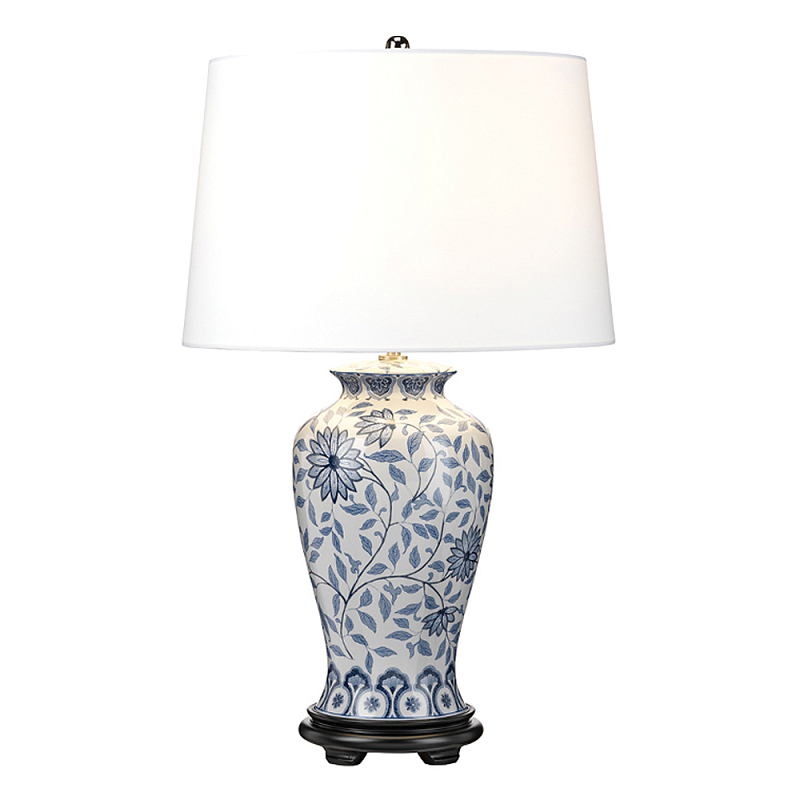 Настольная лампа с керамическим основанием в белом цвете с синим цветочным орнаментом на темной деревянной подставке и тканевым абажуром Elstead Lighting Белый Синий Черный в Краснодаре | Loft Concept 