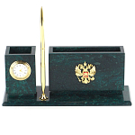 Настольный письменный набор с гербом России и часами из природного камня змеевик Successful Leader варинант исполнения - 1 | Loft Concept в Краснодаре