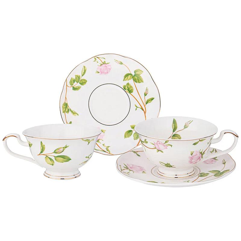 Чайный набор из фарфора белый с цветочным принтом на 2 персоны 4 предмета Flower Porcelain Collection Белый Мульти в Краснодаре | Loft Concept 