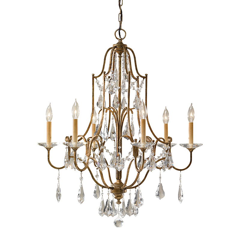 Люстра в бронзовом цвете с 6-ю лампами в форме свечей со стеклянными подвесками в классическом стиле Feiss Бронза Прозрачное Стекло в Краснодаре | Loft Concept 