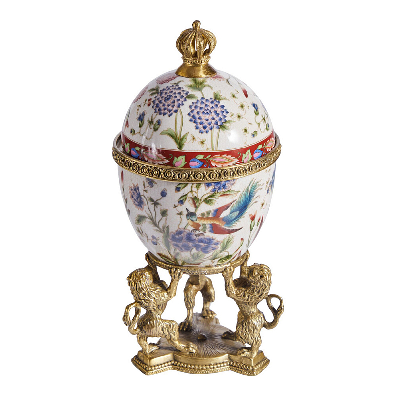 Шкатулка в форме яйца на величественных львах из фарфора с бронзовыми элементами Eden Garden Белый Черный Бронза Мульти в Краснодаре | Loft Concept 