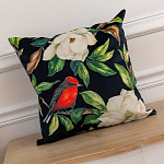 Декоративная подушка чёрная с изображением птиц и цветов Blooming Reds Birds варинант исполнения - 2 | Loft Concept в Краснодаре