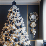 Украшенная Белая Новогодняя Елка с сине-белыми шарами и и муляжами подарков в комплекте варинант исполнения - 1 | Loft Concept в Краснодаре