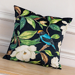 Декоративная подушка чёрная с изображением птиц и цветов  Blooming Blue Birds варинант исполнения - 2 | Loft Concept в Краснодаре