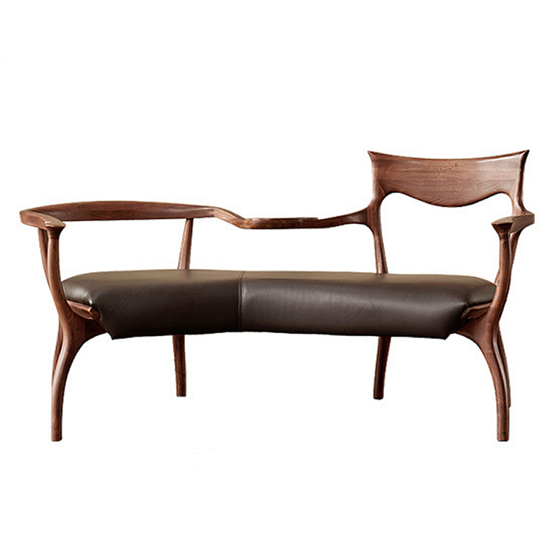 Кушетка с деревянным каркасом и сиденьем из коричневой натуральной кожи Moon Walnut Furniture Коричневый Орех Кушетка с деревянным каркасом и сиденьем из коричневой натуральной кожи Moon Walnut Furniture Коричневый Орех в Краснодаре | Loft Concept