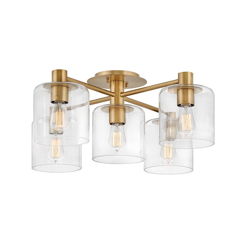 Потолочный светильник цвета латунь с пятью прозрачными цилиндрическими плафонами Hinkley Латунь Прозрачное Стекло в Краснодаре | Loft Concept 