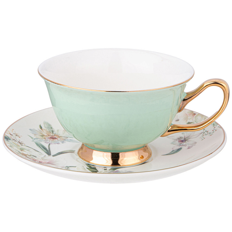 Чайная пара из фарфора 200 мл Green Tea Porcelain Set Белый Золотой Зеленый в Краснодаре | Loft Concept 